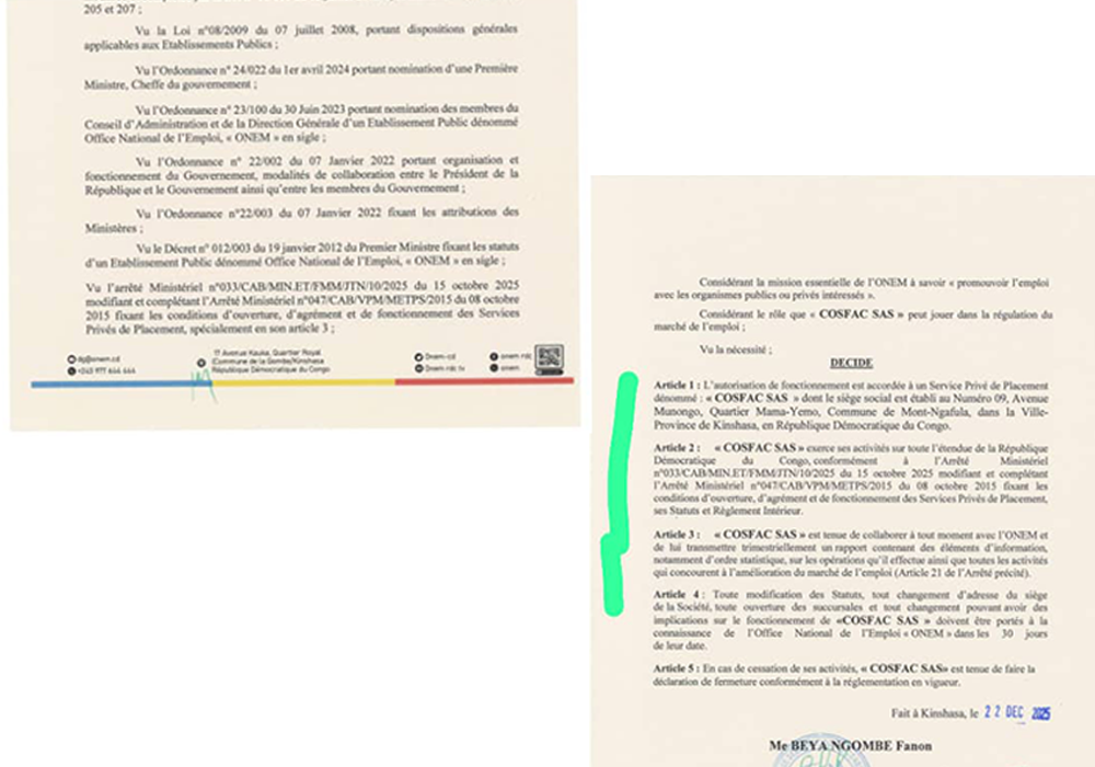 COSFAC OBTIENT L’AUTORISATION DE FONCTIONNER EN TANT QUE SERVICE PRIVÉ DE PLACEMENT